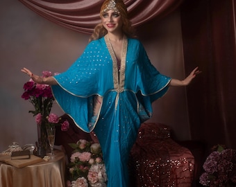 Silver and blue color Romantic 1920s Gown Hollywood style Great Gatsby Burlesque flapper Cocoon coat S/M