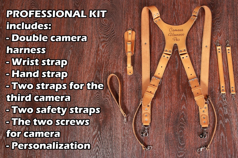 Custom double camera strap Wedding photographer personalized Dual camera harness is made of 100/% genuine leather Dual DSLR leather strap.