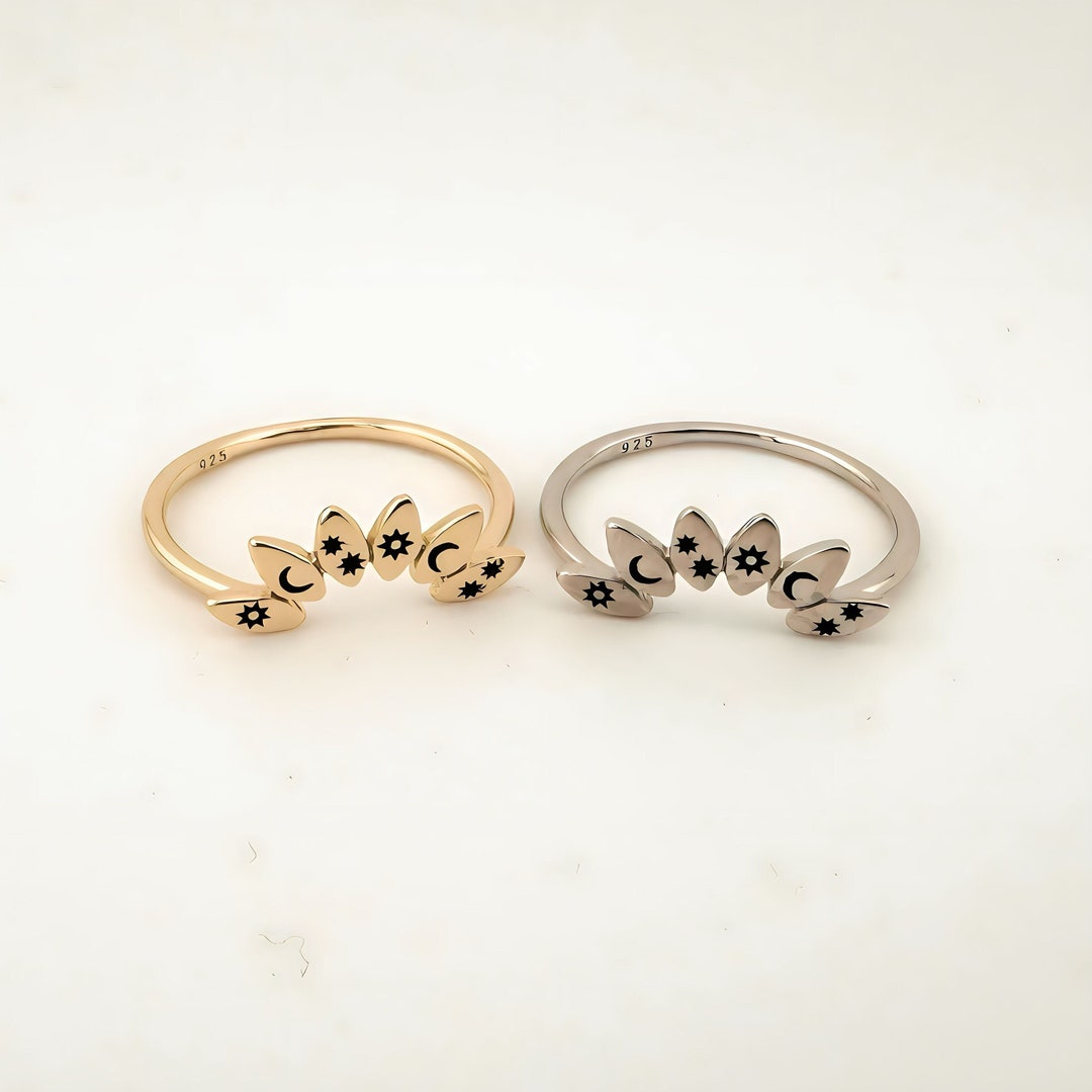 Celestial Starburst Sun Moon Star Ring for Couple, Custom Engraved ...