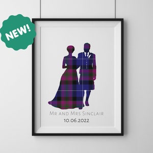 Scottish Wedding tartan silhouette print | Unframed 1st wedding anniversary gift from Scotland | Bride and Groom wedding kilt decor