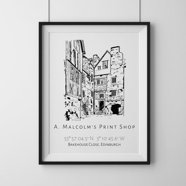 Outlander 'A Malcolm Print Shop' Bakehouse Schließen GPS Druck | Edinburgh Old Town ungerahmt Kunst | Home Decor Geschenkidee aus Schottland