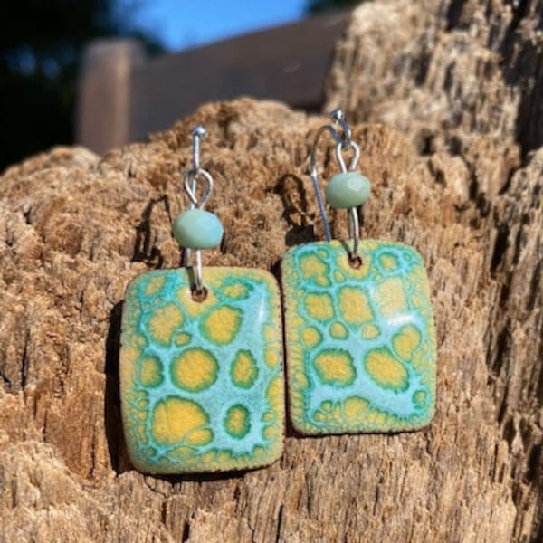 aqua blue and butter crackle  enamel earrings, Dangle earrings, blue  crackle earrings, enamel earrings, summer earrings,   crackle earrings