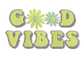Może przedstawiać: Wzór haftu "Good Vibes" z żółtymi literami i kwiatami. Kwiaty mają jasnoniebieskie środki.