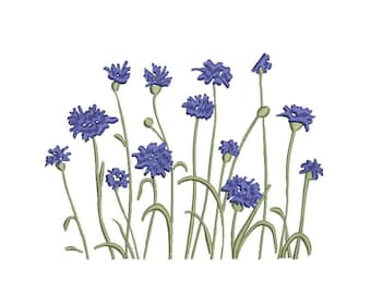 May include: A cluster of blue cornflowers with green stems and leaves against a white background.