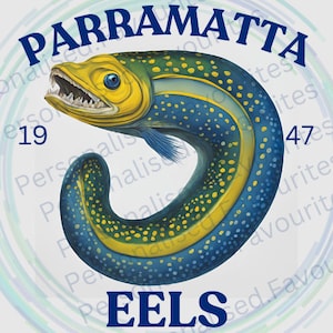 Op de afbeelding: Cirkelvormige afbeelding met een gestileerde paling in blauw, geel en groen. De paling is gebogen, met de tekst "PARRAMATTA" erboven en "EELS" eronder in marineblauw. De cijfers "19" en "47" staan aan weerszijden.