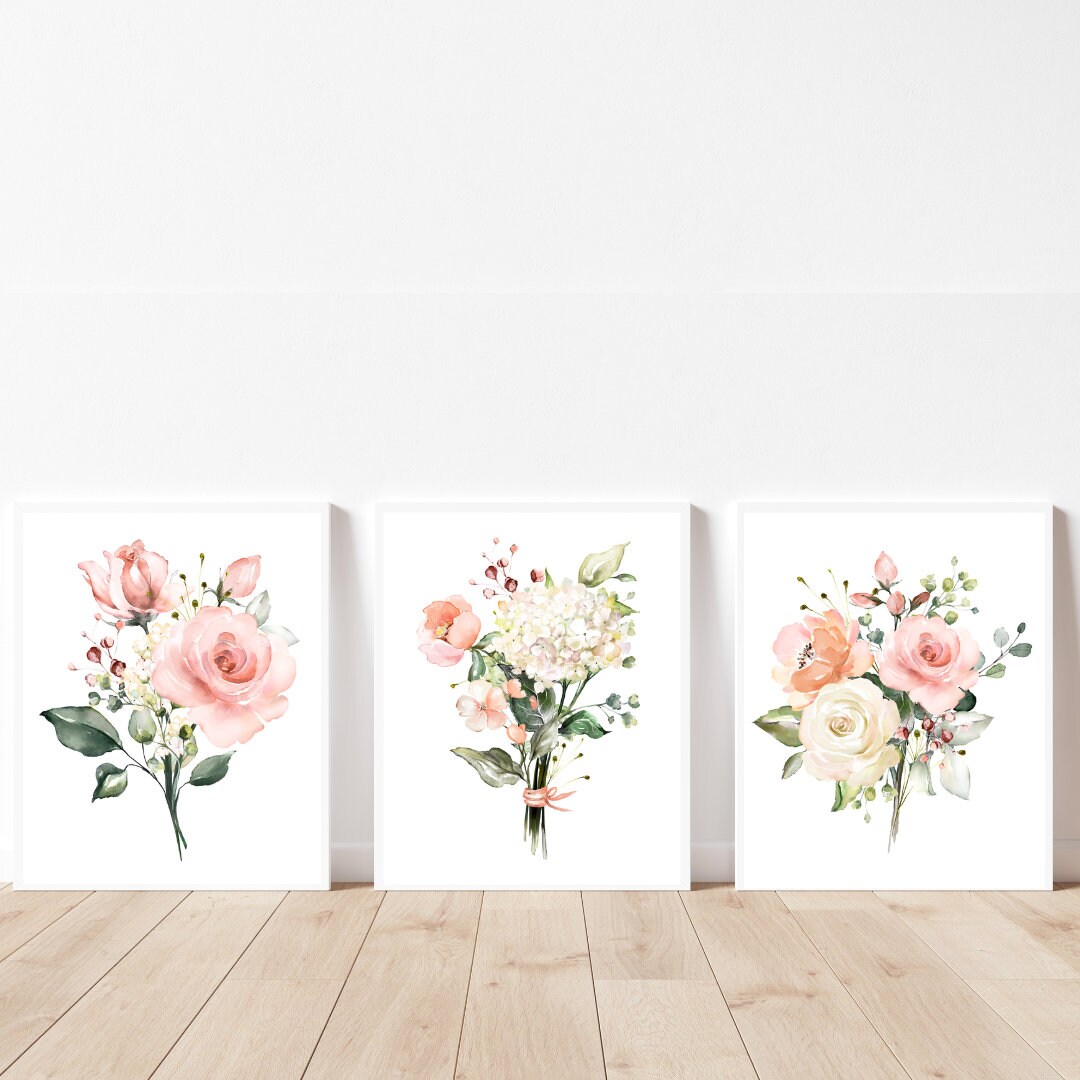 Blush Pink Wall Art Blush Pink Flowers Set of 3 Floral Prints Floral ...