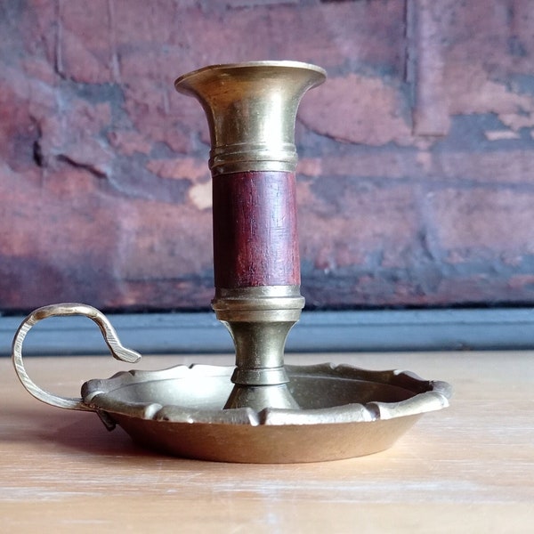 Brass Candle Holder Chamberstick metal Chamber Stick with wooden Handler Candle Holder Bedroom Light Midcentury Bed Decor Made in Norway