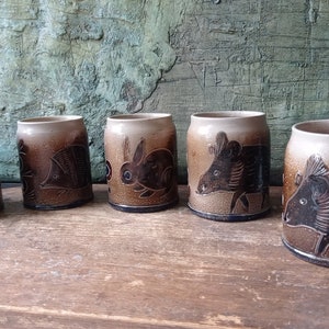 Giefer-Bahn Pottery Germany Westerwald Mugs Wild Animals Cups Rabbit Boar hedgehog beer stein salt glazed sgraffito decoration
