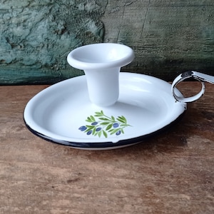 Enamel candle holder white candlestick holder Finger loop wedding decor retro MCM Rustic enamelware Shabby Chic Farmhouse wild berries Blue