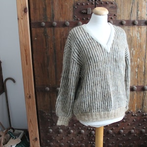 Leather Wool Sweater Pure wool Women  38 M  Made In Germany Pullover Winter Jumper Natural Beige Wool 80s Ols School