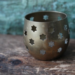 Brass Candlestick Stars Shape Small Signed Candlestick  Candle holder Antique Vintage Solid Brass Tea Light