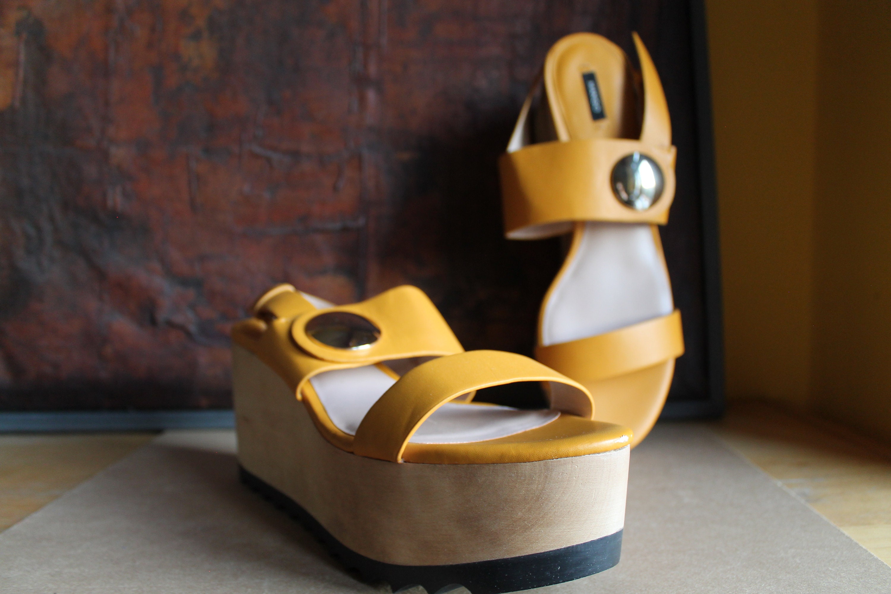Yellow Wedge Sandals Platform Shoes Mango Wood Clogs Sandal