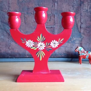 Swedish vintage candlestick Retro candlesticks red candle holder candelabra wooden three arm candlestick Christmas decor Made in Sweden