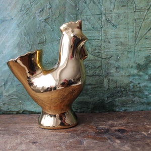 HJO Gold Hen Vase Guldkroken Hjo ceramic cockerel with golden colored glaze Swedish retro art pottery bird figurine, Handmade midcentury