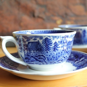 Vintage Arabia Finland Espresso Cup in Blue Landscape Pattern Sininen Maisema Cup Reinhard Richter White Porcelanie Finnish Tableware