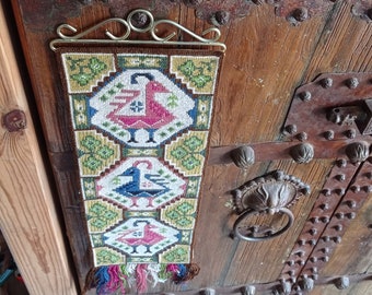 Boho Tapestry Bird Norwegian Wool Wall Hanging Birds Flowers Peacock Scandinavian folk art style Embroidered Retro Blue Red Rare Unicorn