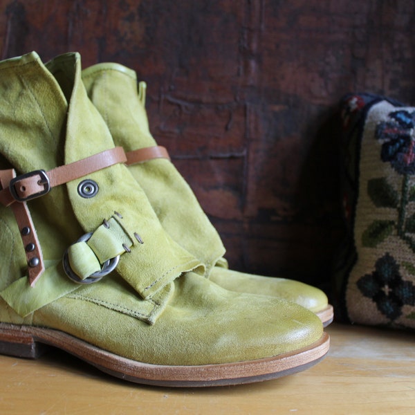 Yellow Ankle Boots Airstep AS 98 Fabulous Boots EU 38 Made in Italy Zipper Leather Green Lime Biker Boot Buckle Air Step Booties Punk