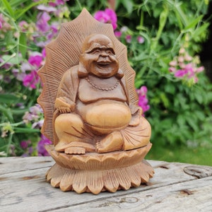 Vintage Wooden Serene Sitting Buddha Statue Handmade Meditating Sculpture Figurine Decorative Home Decor Rustic Handcrafted Art Oriental