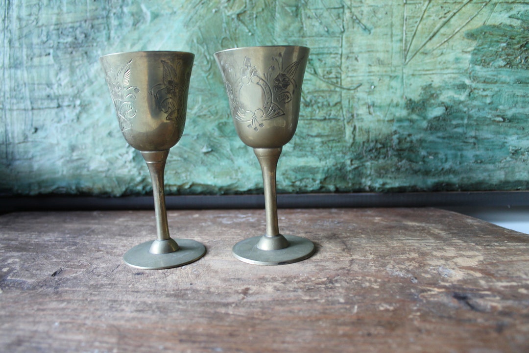EPNS Brass Goblets, Two Vintage Engraved Wine Goblets Floral Patterns  Etched Brass Goblets, Vintage Brass Chalice Brass Cups E.P.N.S. -   Denmark