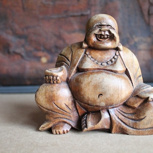 Buddha Figurine wooden statue sculpture of sitting happy laughing Buddha altar piece hand carved ethnic art art home decor woodcarving