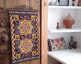 Large Wall Hanging Handmade Folk Art Embroidered Tapestry Norwegian Bell Pull Hygge Norway Weaving Klokkestreng Nordic Brown Yellow Orange