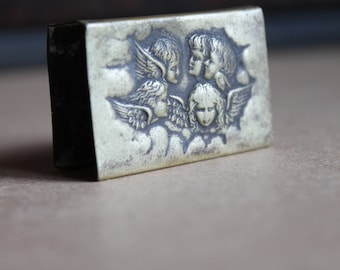 Vintage Metal Box Brass tone Angel Head Made In England Metal Matchbox Holder Art Nouveau Reynolds Angels