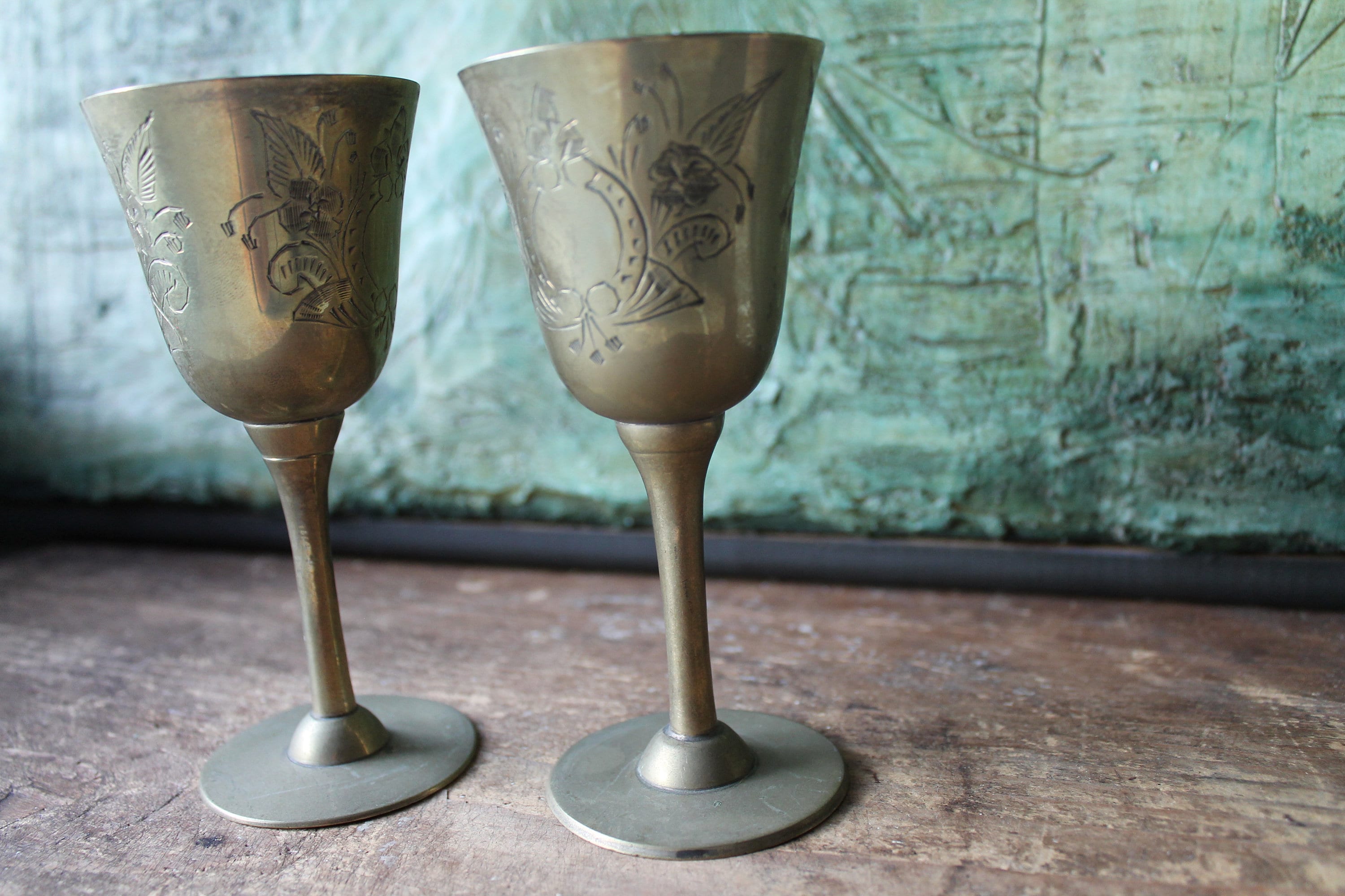 EPNS Brass goblets Two Vintage engraved wine goblets floral Etsy