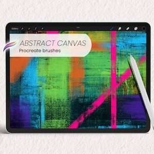 Puede incluir: Una tableta digital que muestra un diseño abstracto colorido con el texto "ABSTRACT CANVAS Procreate brushes" en la pantalla. Un lápiz blanco está acostado junto a la tableta.