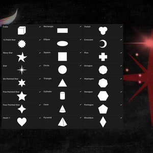 May include: A chart with white outlines of various shapes, including a cube, rectangle, ellipse, square, circle, triangle, cylinder, cone, pyramid, rhombus, trefoil, crescent, plus, octagon, heptagon, hexagon, pentagon, 12-point star, wavy star, star, six-pointed star, five-pointed star, four-pointed star, and heart.