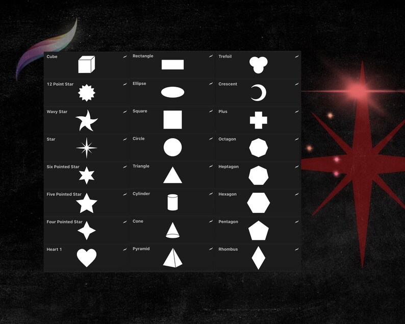 May include: A chart with white outlines of various shapes, including a cube, rectangle, ellipse, square, circle, triangle, cylinder, cone, pyramid, rhombus, trefoil, crescent, plus, octagon, heptagon, hexagon, pentagon, 12-point star, wavy star, star, six-pointed star, five-pointed star, four-pointed star, and heart.