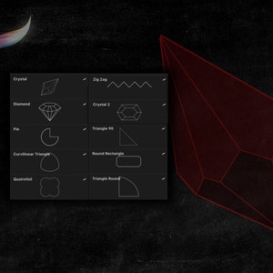 May include: A black and white graphic showing different geometric shapes, including a diamond, a crystal, a pie, a triangle, a quatrefoil, and a zig zag. The text "Crystal", "Diamond", "Pie", "Curvilinear Triangle", "Quatrefoil", "Zig Zag", "Crystal 2", "Triangle 90", "Round Rectangle", and "Triangle Round" is also included in the graphic.