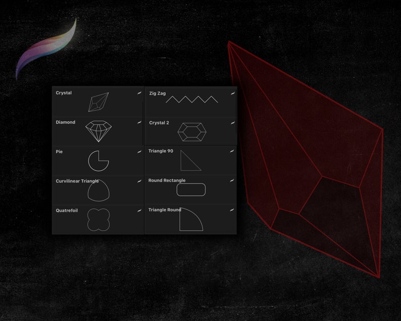 May include: A black and white graphic showing different geometric shapes, including a diamond, a crystal, a pie, a triangle, a quatrefoil, and a zig zag. The text "Crystal", "Diamond", "Pie", "Curvilinear Triangle", "Quatrefoil", "Zig Zag", "Crystal 2", "Triangle 90", "Round Rectangle", and "Triangle Round" is also included in the graphic.