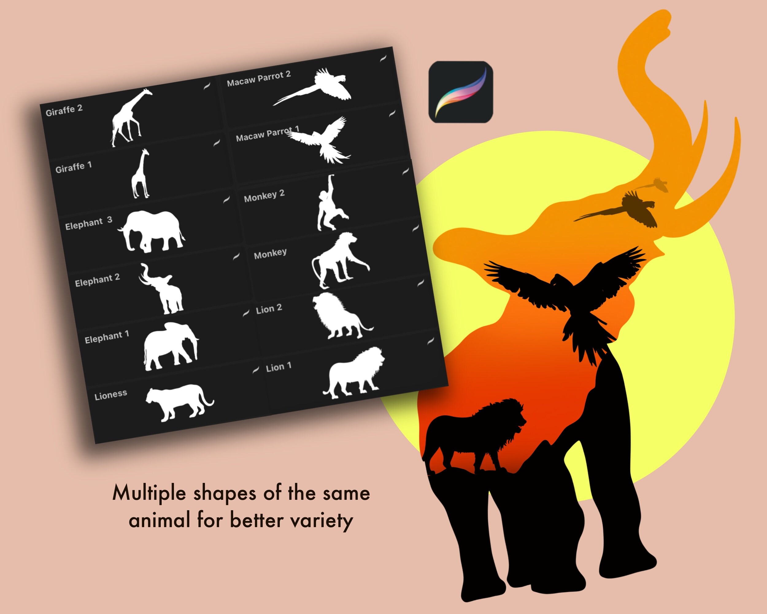 20 Safari Animals Procreate Stamp Brushes | African Sunset Silhouette ...