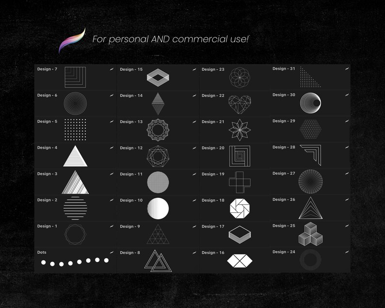 May include: A black and white image showing 31 different geometric designs. The designs are numbered 1 through 31 and include shapes such as circles, squares, triangles, and stars.
