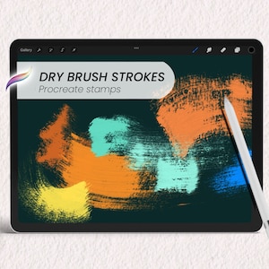 Puede incluir: La pantalla de una tableta digital muestra un conjunto de sellos Procreate de trazos de pincel seco. Los sellos son de varios colores, incluyendo naranja, amarillo, azul y verde, sobre un fondo verde oscuro. El texto "DRY BRUSH STROKES" y "Procreate stamps" se muestra en la parte superior de la pantalla.