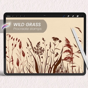 50 Stück Wild Gras Procreate Wiesenstempel Pinsel | Natur und Landschafts-Botanik | Grün und Blätter | Wildblumen