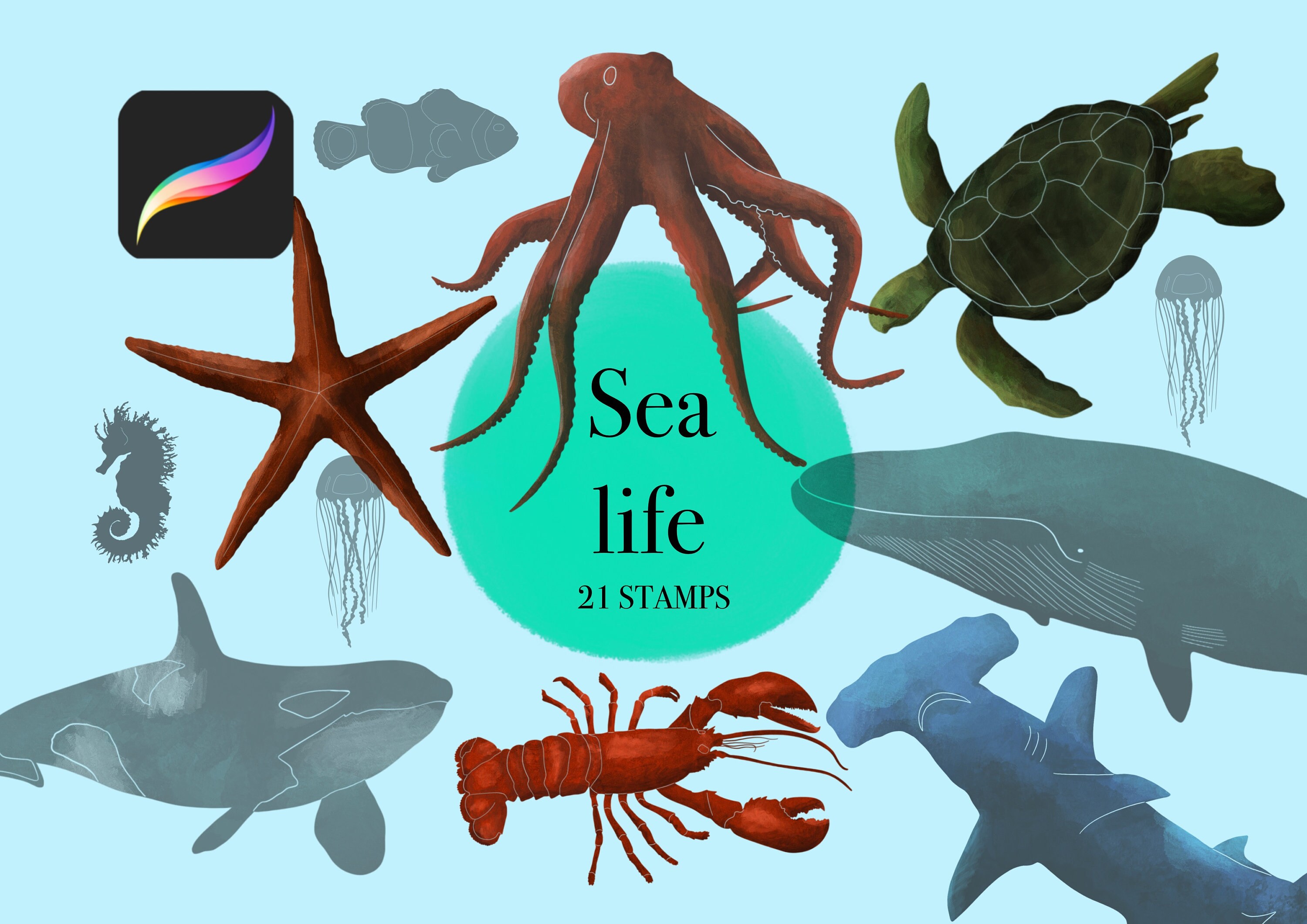 Ocean Animals Underwater Procreate Brushes Procreate Ocean Bundle