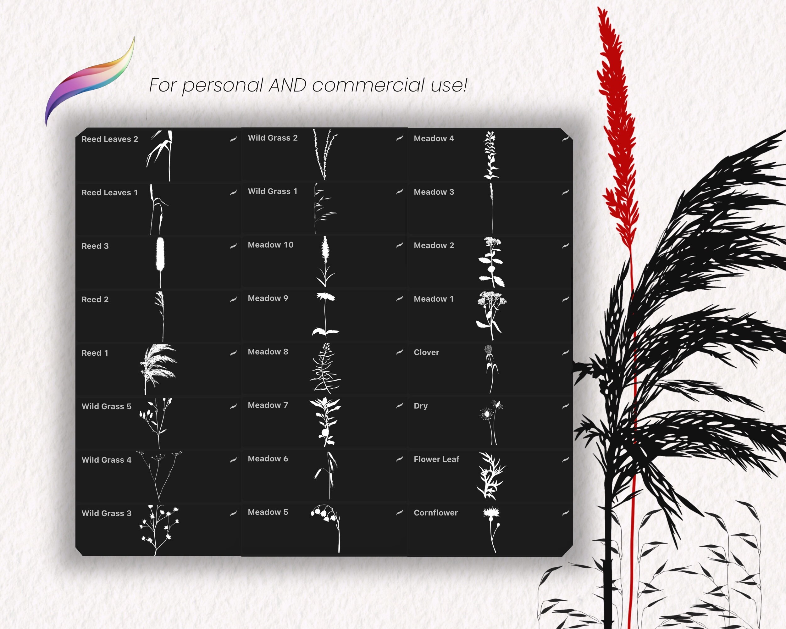 50 Wild Grass Procreate Meadow Stamp Brushes | Nature and Landscape ...