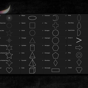 May include: A black and white chart with various geometric shapes, including a sun, star, circle, square, triangle, crescent, plus sign, octagon, heptagon, hexagon, pentagon, rhombus, kite, trefoil, drop, rain drop, semi circle, arrow, and ring.