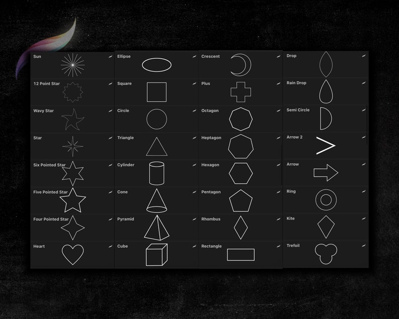 May include: A black and white chart with various geometric shapes, including a sun, star, circle, square, triangle, crescent, plus sign, octagon, heptagon, hexagon, pentagon, rhombus, kite, trefoil, drop, rain drop, semi circle, arrow, and ring.