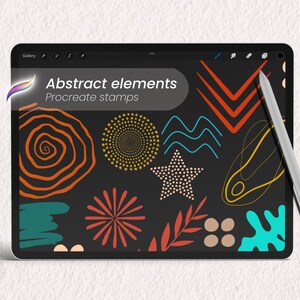 May include: A digital tablet screen displaying a collection of abstract design elements, including swirls, stars, waves, and leaves. The text "Abstract elements Procreate stamps" is displayed on the screen.