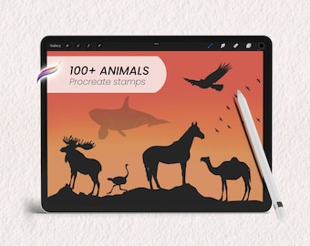 100+ Animal Procreate stamps BUNDLE | Digital wildlife nature brushes | Ocean Sea African Farm Birds Paw prints Animal silhouette
