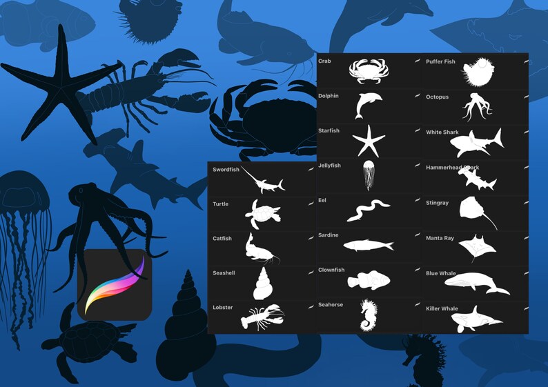 21 Sea & Ocean Animals Procreate Stamp Brushes Water Theme - Etsy