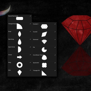 May include: A red diamond shape with a textured, watercolor-like effect. The diamond is outlined in black and has a reflection below it. The image also includes a list of geometric shapes with their names.
