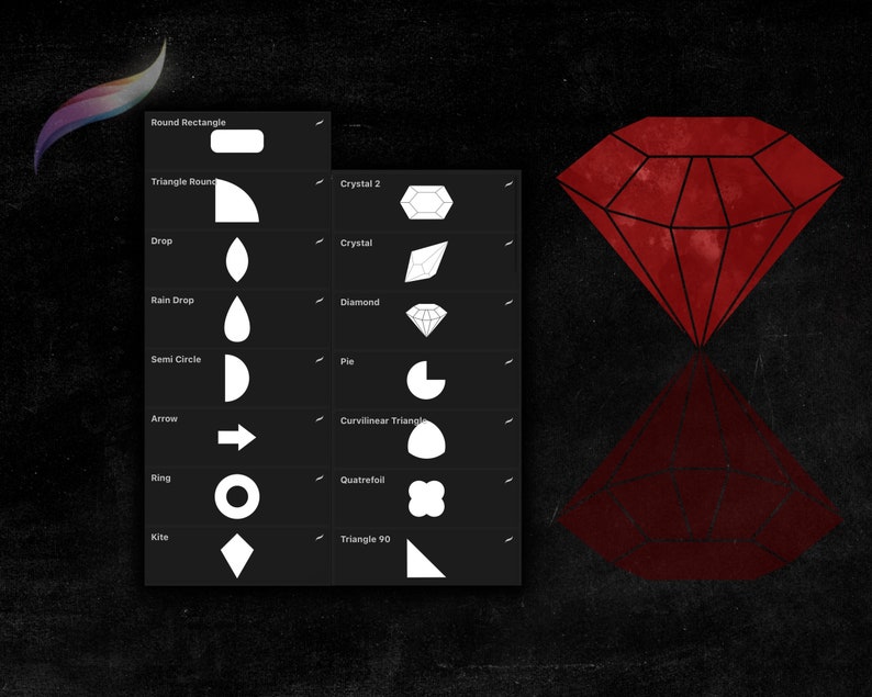 May include: A red diamond shape with a textured, watercolor-like effect. The diamond is outlined in black and has a reflection below it. The image also includes a list of geometric shapes with their names.