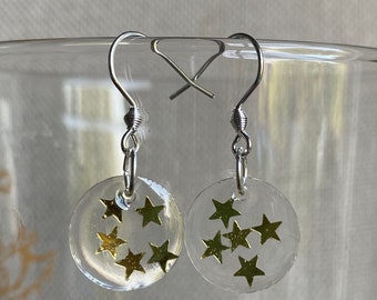 HANDMADE STOCKING FILLER, dangle drop earrings, Christmas gift for, handmade in Derbyshire, resin circular earrings, gold hoops or hooks