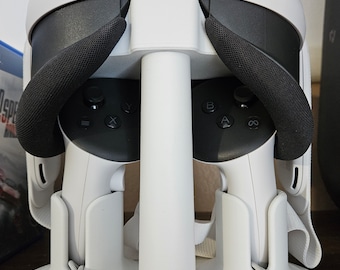 Meta Quest 3/3S VR headset and controller stand.  Space efficient & and ideal for a bookshelf or desk