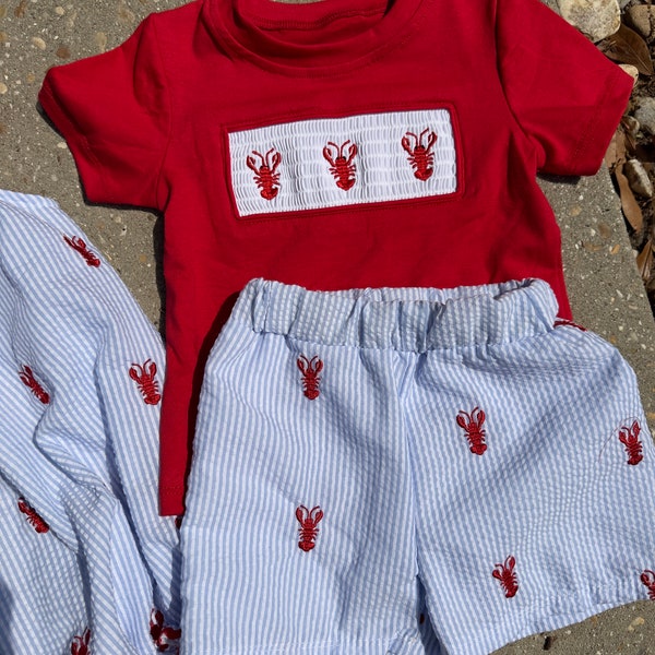 Boys Seersucker Short Set Crawfish Smocked Outfit - Perfect for Spring & Summer!