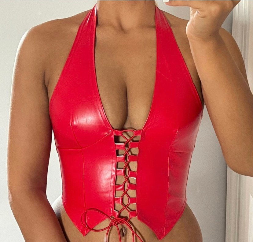 Brand new Y2k “fire Friday” red leather lace up tie up halter neck cr…