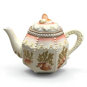 Zrike Baroque Ceramic Teapot Sculpted Seashells Handpainted Coastal